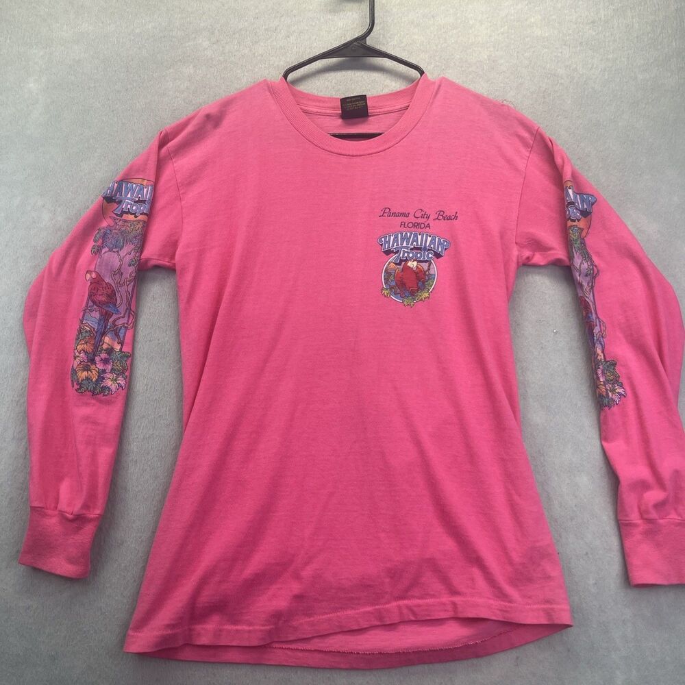 Hawaiian Tropic Long Sleeve M TShirt Pink Parrot Surf Sail Boat Vintage 80s PCB